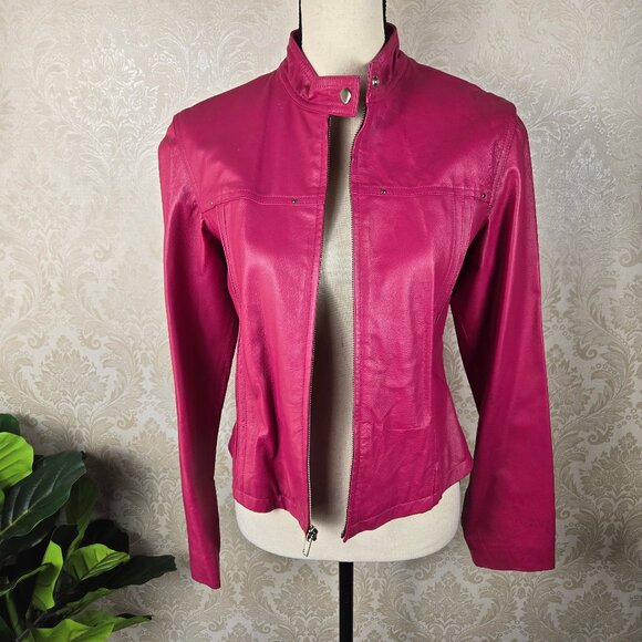 Vintage Wilson's Leather Sz Medium Bright Pink Leather Jacket Zip Front Pintuck - Picture 6 of 14